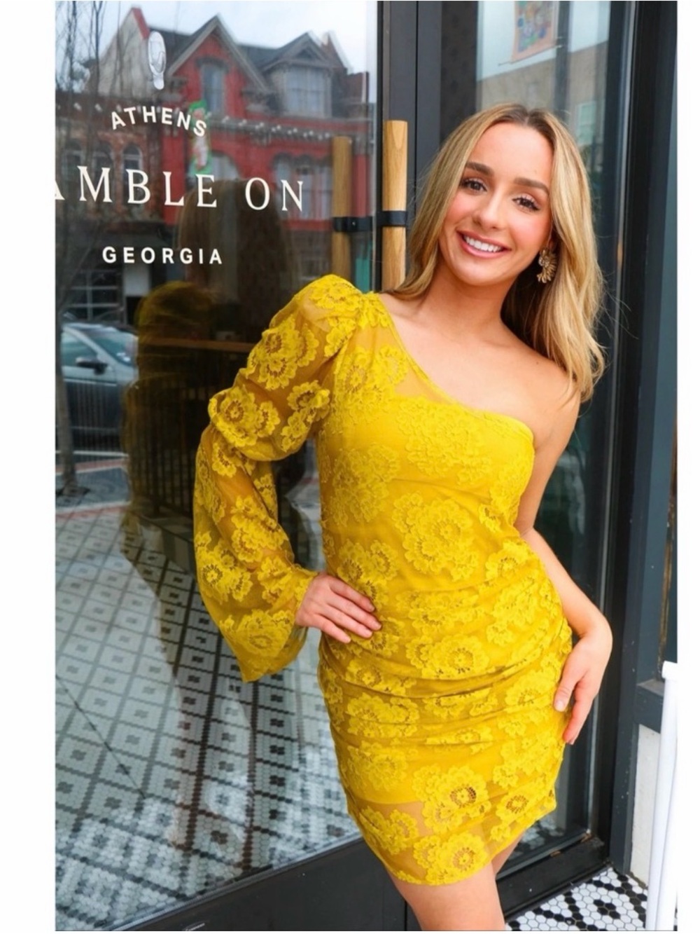 For Love and Lemons Tiana One Shoulder Ruched Lace Mini Dress in Yellow Size M